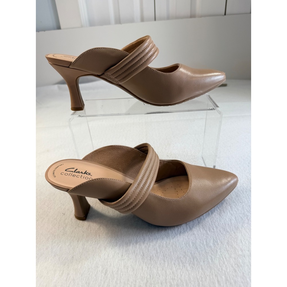 Clarks Collection Tan Pointed Toe Padded Strap Mules Heels Womens Size 10 M
